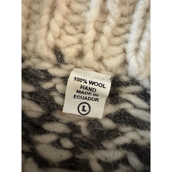 Llama Wool Sweater Mens Large Cream Green Hand Knit Ecuador Crewneck Chunky - Picture 2 of 9